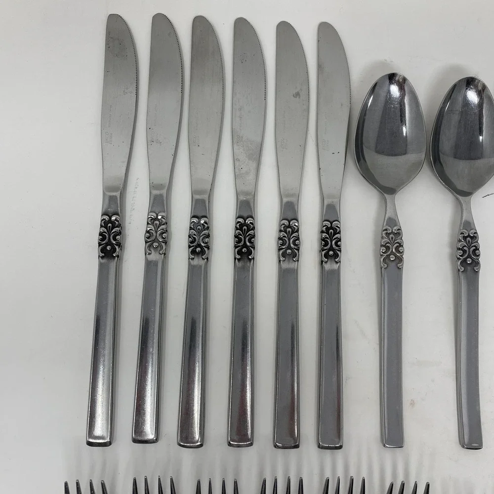 Vtg‎ Ekco Eterna Japan 24 Piece Flatware Set Mid Century Floral Scroll Stainless